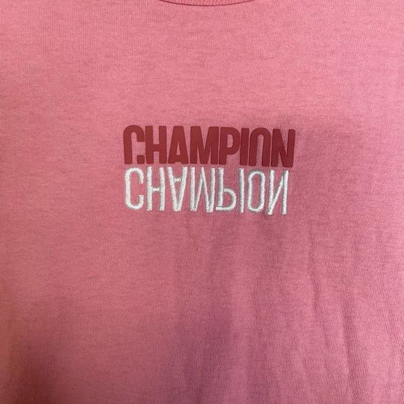 Champion Mens T-Shirt Pink Retro Embroidered Spell Out Size Medium - Picture 2 of 7